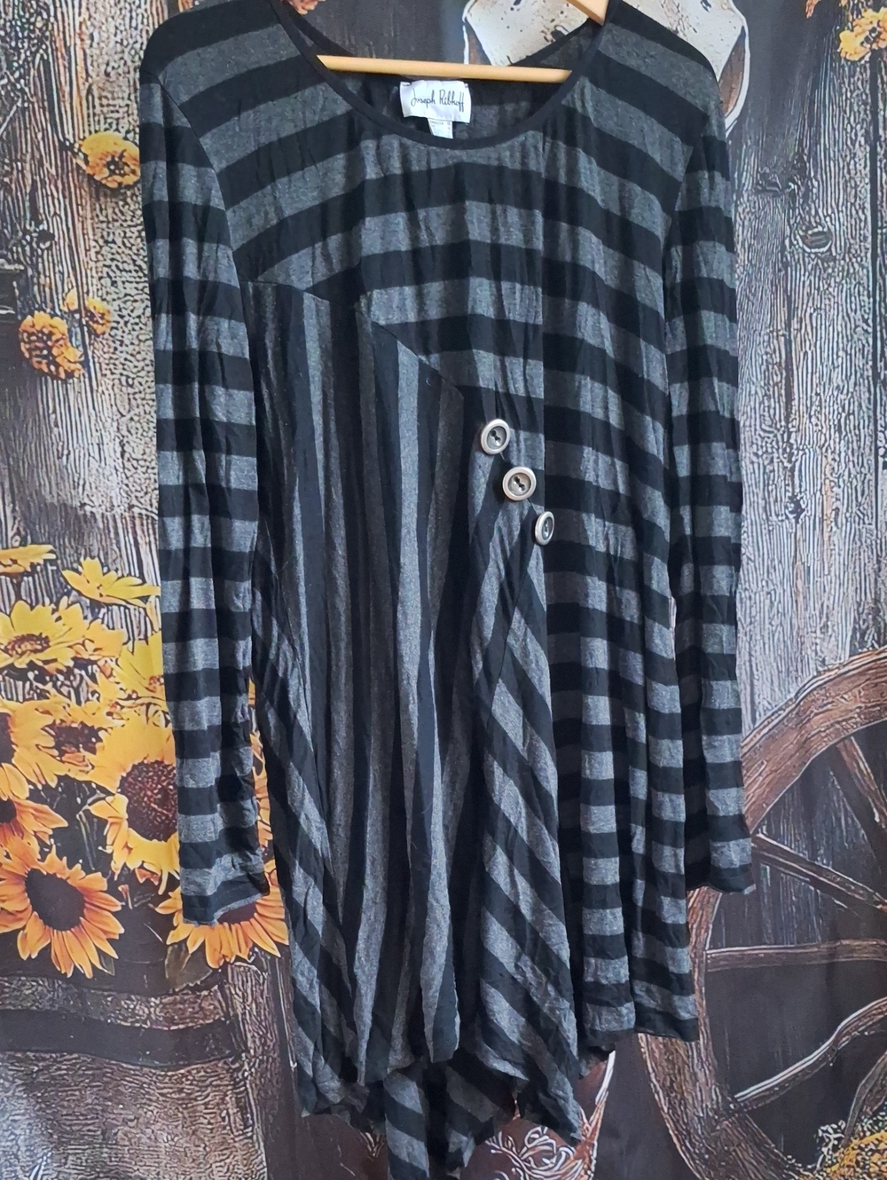 Joseph Ribkoff Black & Gray Striped Button-Accent Tunic